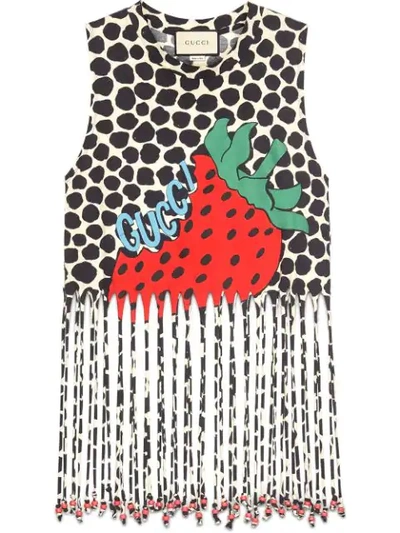 Shop Gucci Fringe Tank With  Strawberry Print In Neutrals ,black
