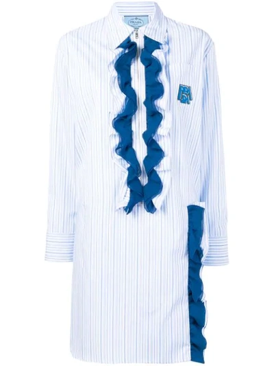 Shop Prada Striped Ruffle Shirt Dress In Blue