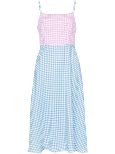 Shop Hvn Nora Contrast Gingham-print Silk Midi Dress In Blue