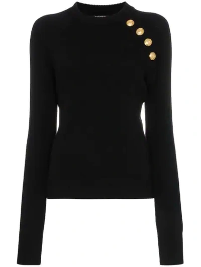 Shop Balmain Buttoned Knitted Wool Cashmere Blend Jumper In Black