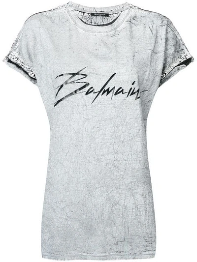 Shop Balmain Logo Print Distressed T-shirt In Grey