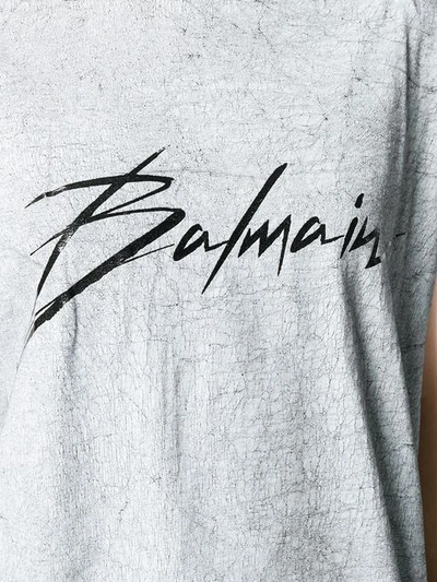 Shop Balmain Logo Print Distressed T-shirt In Grey