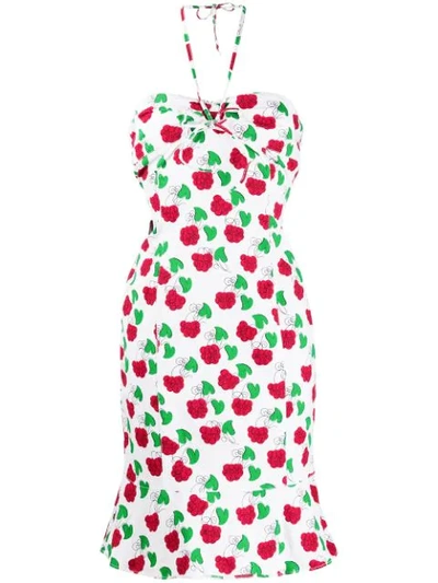 Pre-owned Moschino Raspberry Print Halterneck Dress In White