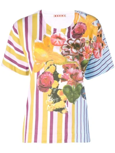 Shop Marni Floral Striped T-shirt In White