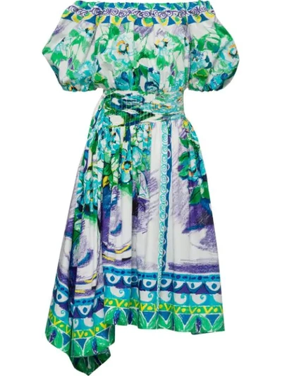 Shop Prada Printed Cotton Poplin Dress In Blue ,green