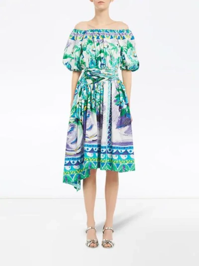 Shop Prada Printed Cotton Poplin Dress In Blue ,green