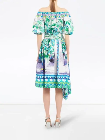 Shop Prada Printed Cotton Poplin Dress In Blue ,green