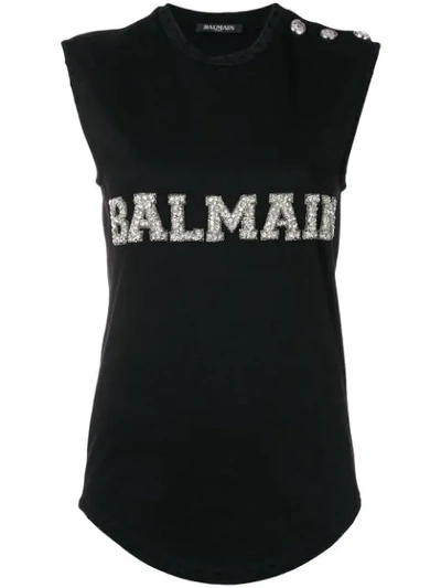 Shop Balmain Logo Embroidered Tank Top In Black