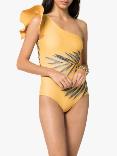 Shop Johanna Ortiz Aloha Spirit One Shoulder Palm Print Swimsuit In Yellow