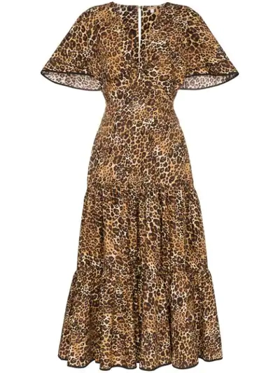 Shop Johanna Ortiz Leopard Print Ruffled Midi-dress In Brown