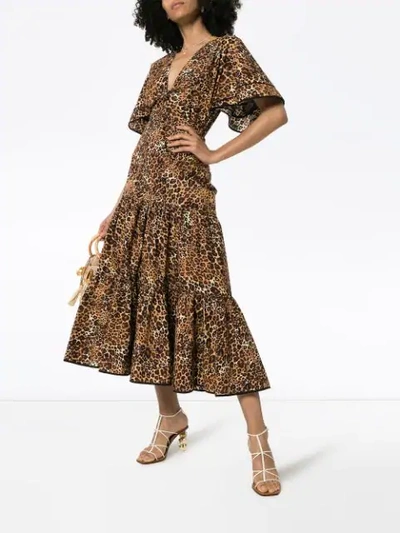 Shop Johanna Ortiz Leopard Print Ruffled Midi-dress In Brown