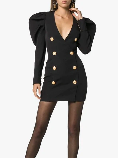 Shop Balmain Puff Sleeve Mini Dress In Black
