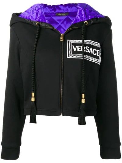 Shop Versace Cropped Logo Hoodie In Black