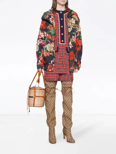 Gucci Zip-front Hooded Spring Floral-bouquet Print Nylon Jacket W/ Logo Patch In Blue