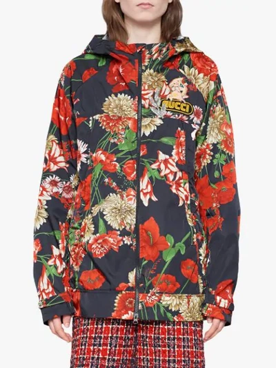 Shop Gucci Spring Bouquet Nylon Jacket In Blue