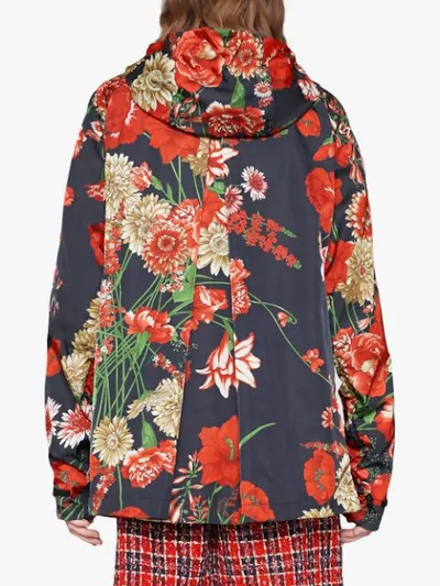 Gucci Zip-front Hooded Spring Floral-bouquet Print Nylon Jacket W/ Logo Patch In Blue