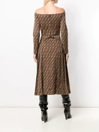 Shop Fendi Ff Motif Midi Dress In Brown