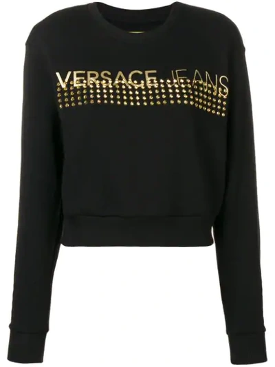 Shop Versace Jeans Studded Logo Longsleeve Top In Black