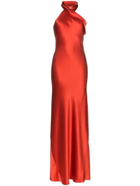 red satin halter neck dress
