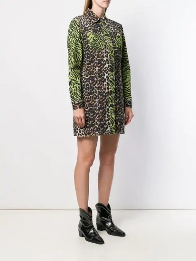 Ganni Paneled Animal-print Denim Mini Dress In Green | ModeSens