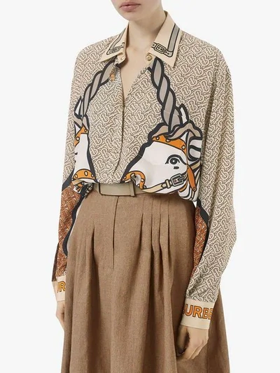 Shop Burberry Unicorn And Monogram Print Silk Shirt In Brown