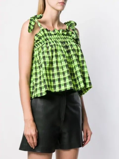 Shop Ganni Checked Ruffle Top In Green