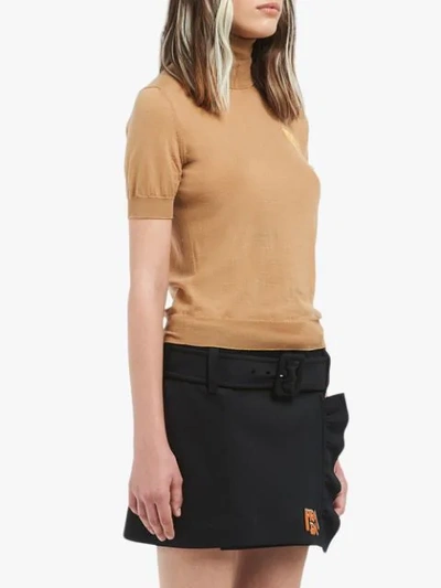 Shop Prada Turtleneck Shortsleeved Knitted Blouse In Brown