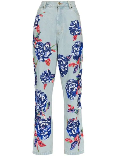 Shop Ashish Floral Embellished Straight Leg Jeans In Blue