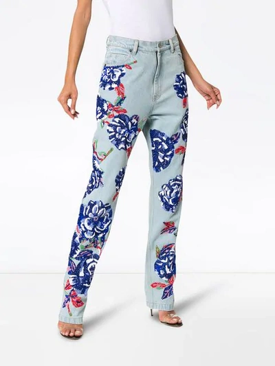 Shop Ashish Floral Embellished Straight Leg Jeans In Blue