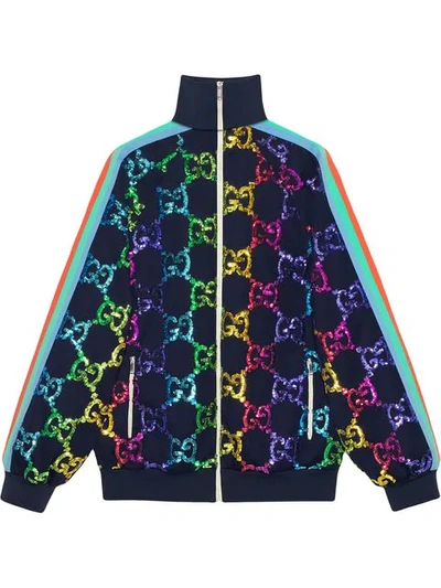 Shop Gucci Technical Jersey Jacket With Gg Sequins In Blue