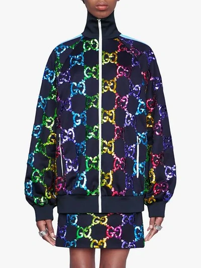 Shop Gucci Technical Jersey Jacket With Gg Sequins In Blue