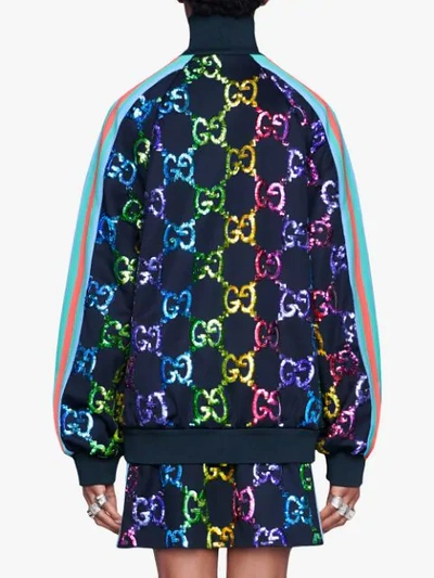 Shop Gucci Technical Jersey Jacket With Gg Sequins In Blue
