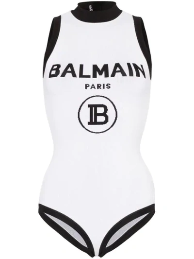 Shop Balmain Logo Intarsia Bodysuit In White
