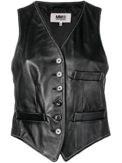 Shop Mm6 Maison Margiela Cropped Leather Waistcoat In 900 Black