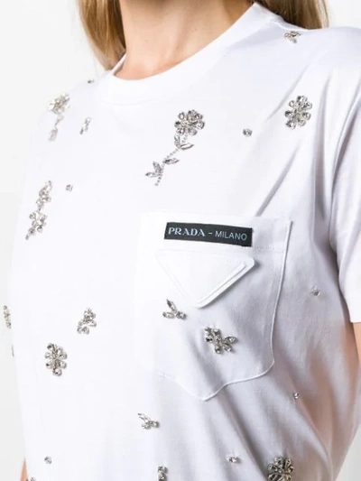 PRADA 花卉晶饰缝饰T恤 - 白色
