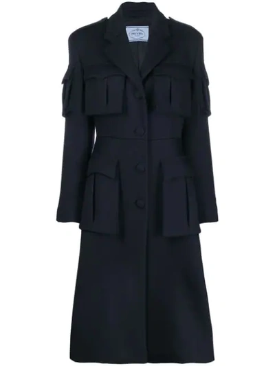 Shop Prada Military Midi Coat In Blue