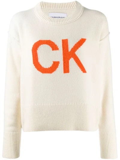 Shop Calvin Klein Jeans Est.1978 Logo Knit Jumper In Neutrals