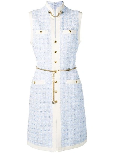 Shop Gucci Short Tweed Dress With Chain Belt In Blue