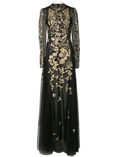 Shop Oscar De La Renta Long Sleeved Gown With Gold Embroidery In Black