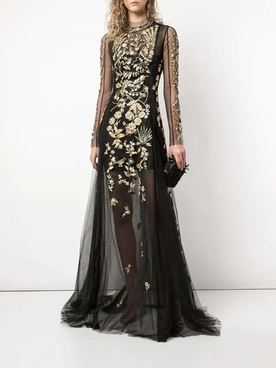 Shop Oscar De La Renta Long Sleeved Gown With Gold Embroidery In Black