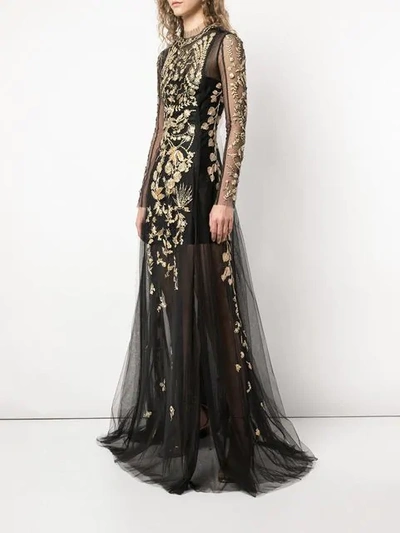 Shop Oscar De La Renta Long Sleeved Gown With Gold Embroidery In Black