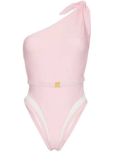 Shop Ambra Maddalena Posey One Shoulder Belted Swimsuit In Pink