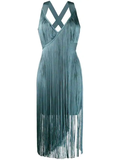 Shop Herve Leger Fringed Midi Dress In Blue