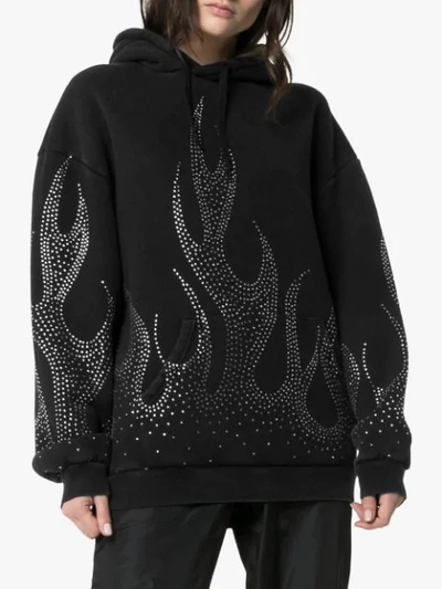 Shop Filles À Papa Crystal-embellished Flame Motif Cotton Hoodie In Black