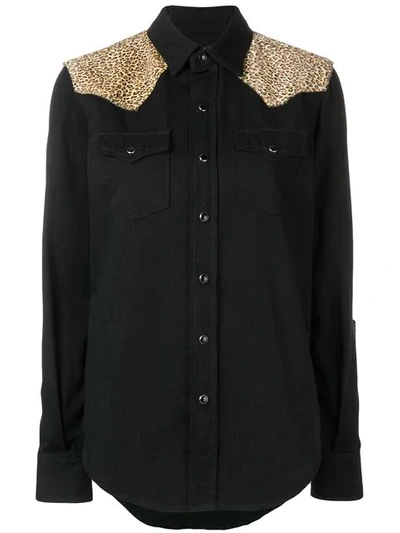 Shop Saint Laurent Leopard Print Panel Shirt In 1078 Black Rinse