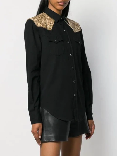 Shop Saint Laurent Leopard Print Panel Shirt In 1078 Black Rinse