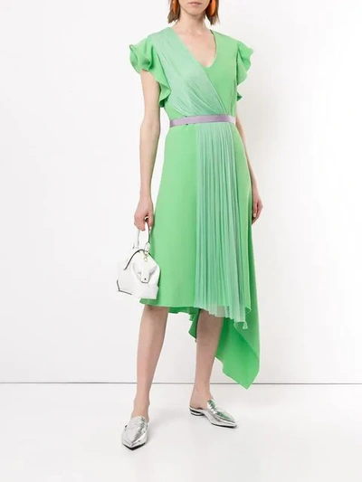 Shop Delpozo Pleated Insert Asymmetric Dress In Green
