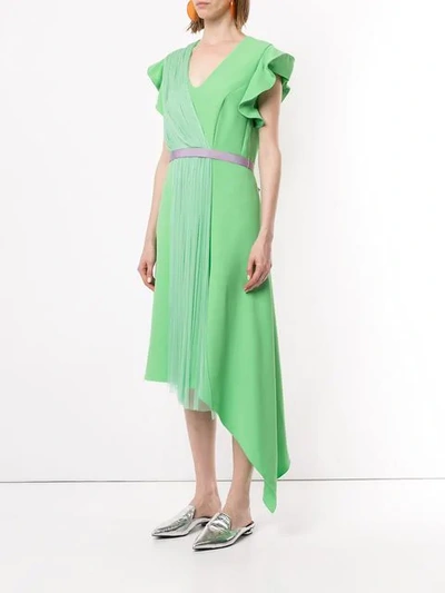 Shop Delpozo Pleated Insert Asymmetric Dress In Green