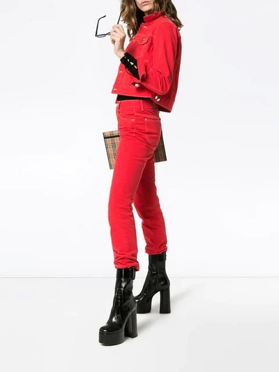 Shop Sjyp Cropped Fitted Denim Jacket In Red