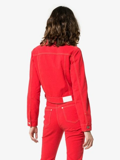 Shop Sjyp Cropped Fitted Denim Jacket In Red